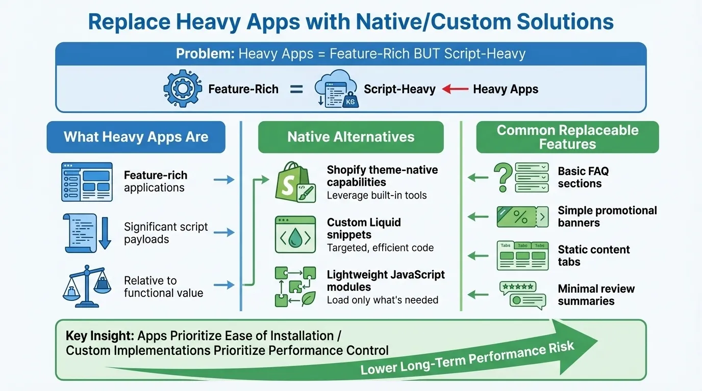 Shopify Core Web Vitals and Site Speed: Theme Optimisation, App Conflicts, and Mobile-First Indexing Improvements 13 replace heavy apps for shopify core web vitals