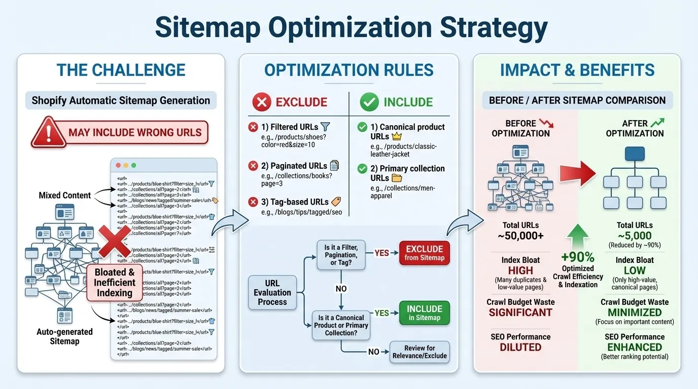 Shopify Technical SEO Checklist: Fixing Duplicate Content, Canonicals and Index Bloat 11 sitemap optimisation for shopify technical seo
