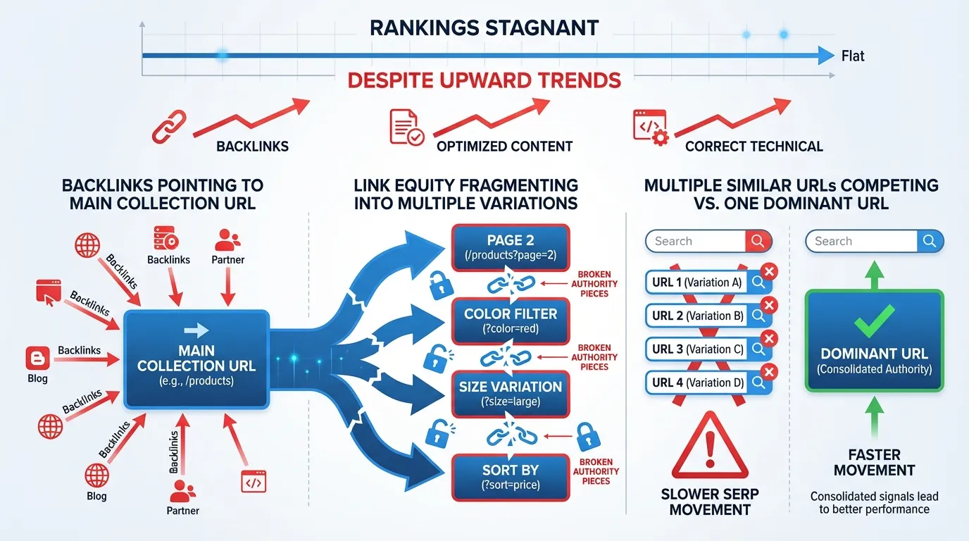 Shopify Pagination and Faceted Navigation SEO: Crawl Budget Control for Large Catalogues (What to Noindex, Canonicalise, and Link) 12 stagnant ranking for shopify pagination