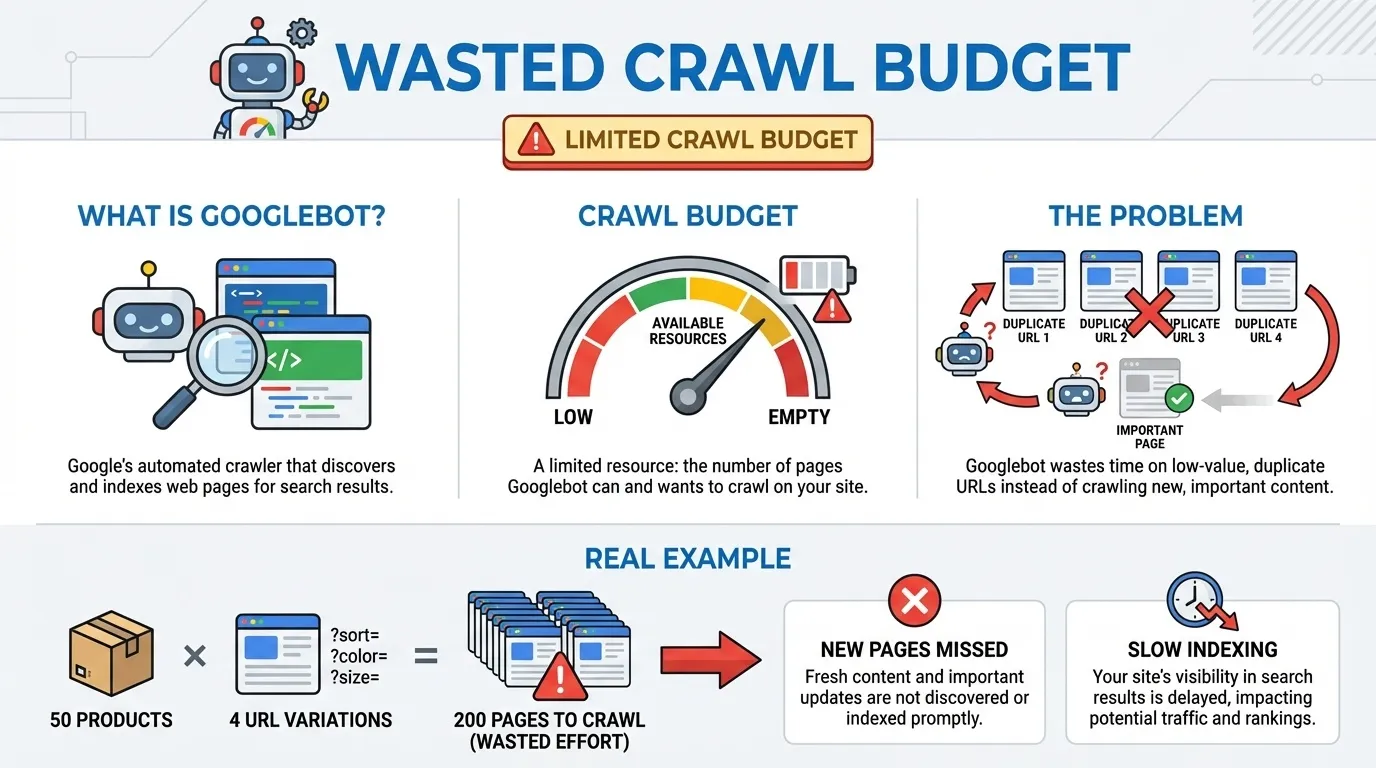 Shopify Technical SEO Checklist: Fixing Duplicate Content, Canonicals and Index Bloat 3 wasted crawl budget for shopify technical seo