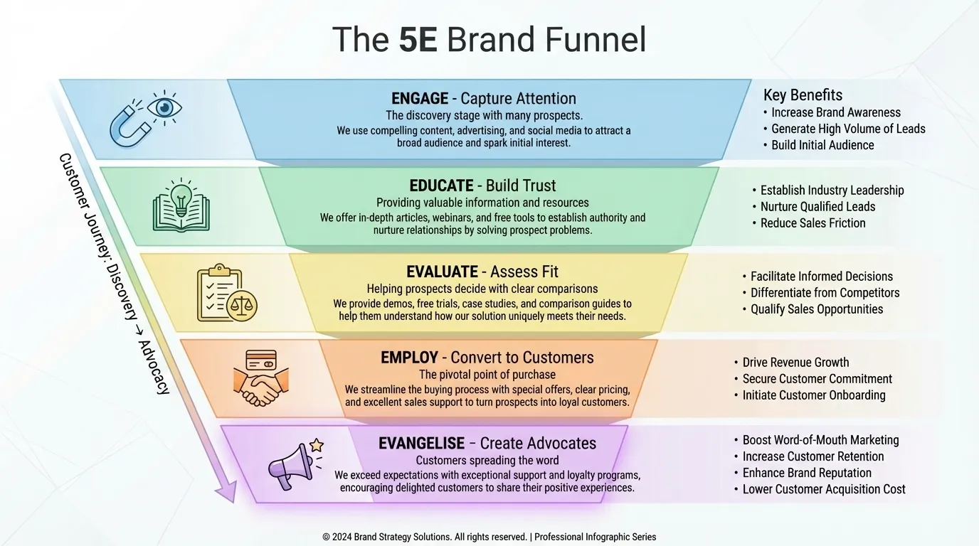 The 5E Brand Funnel Explained: Engage, Educate, Evaluate, Employ, Evangelise 1 what is the 5e brand funnel