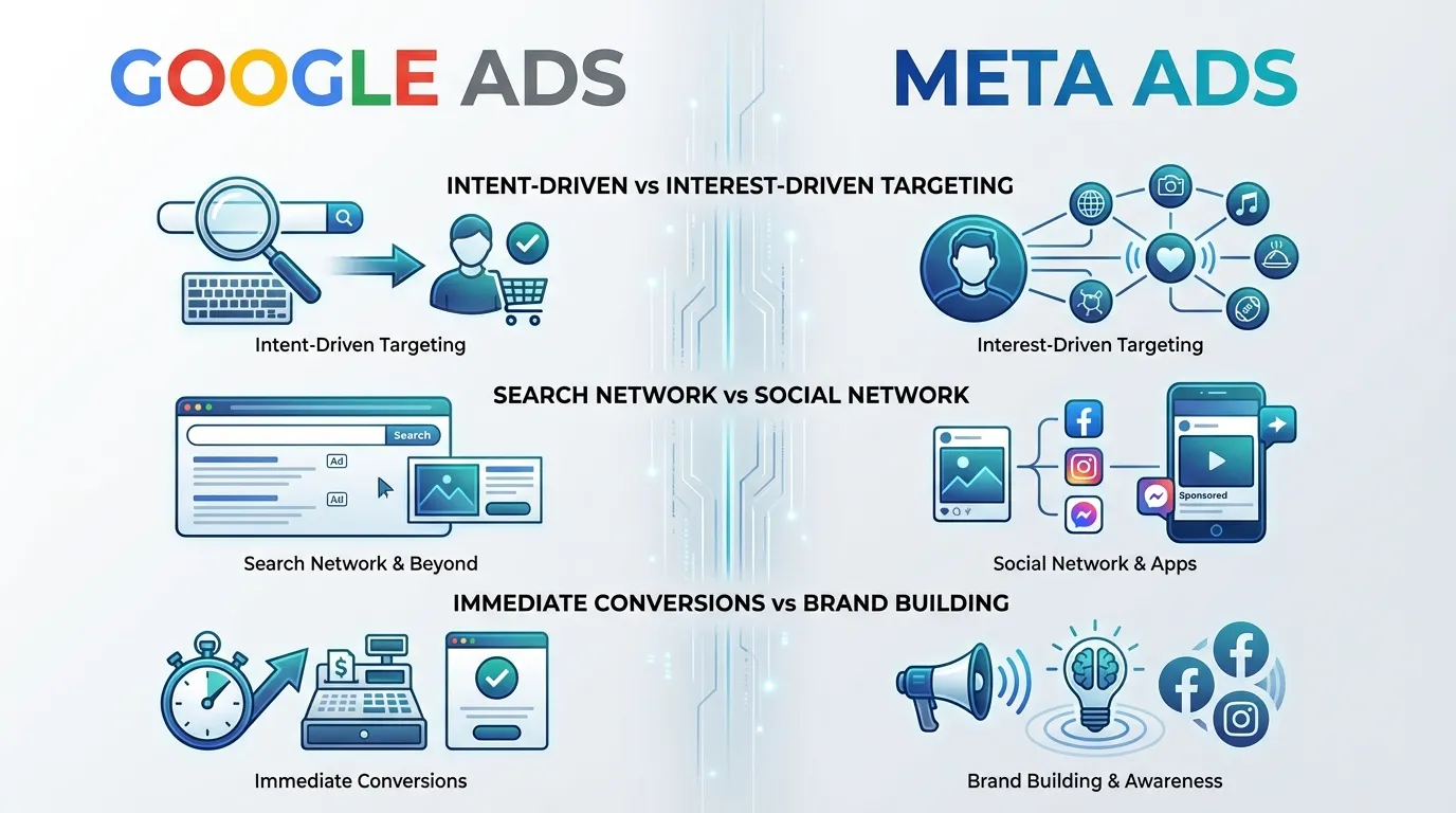 Online advertising platforms comparing Google Ads and Meta Ads
