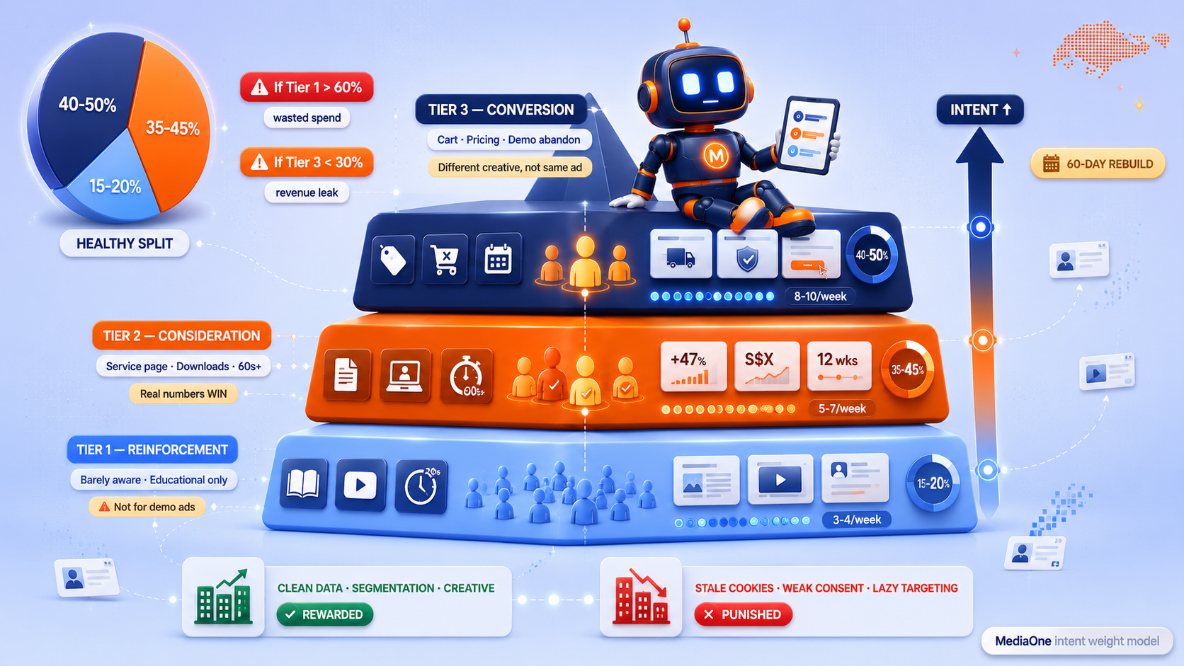 MediaOne Intent Weight Model shown as a three-tier retargeting pyramid