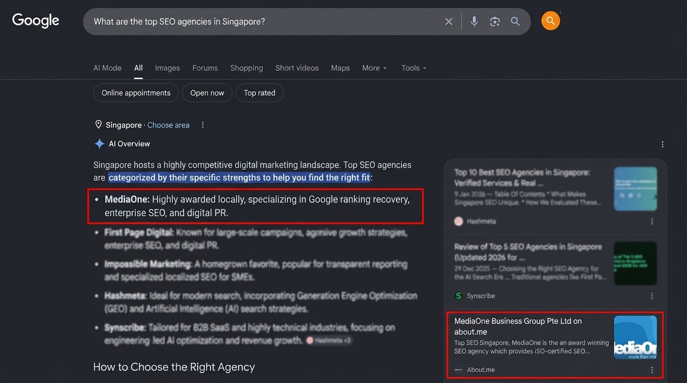 MediaOne #1 in Google AI Overview — Singapore GEO Agency