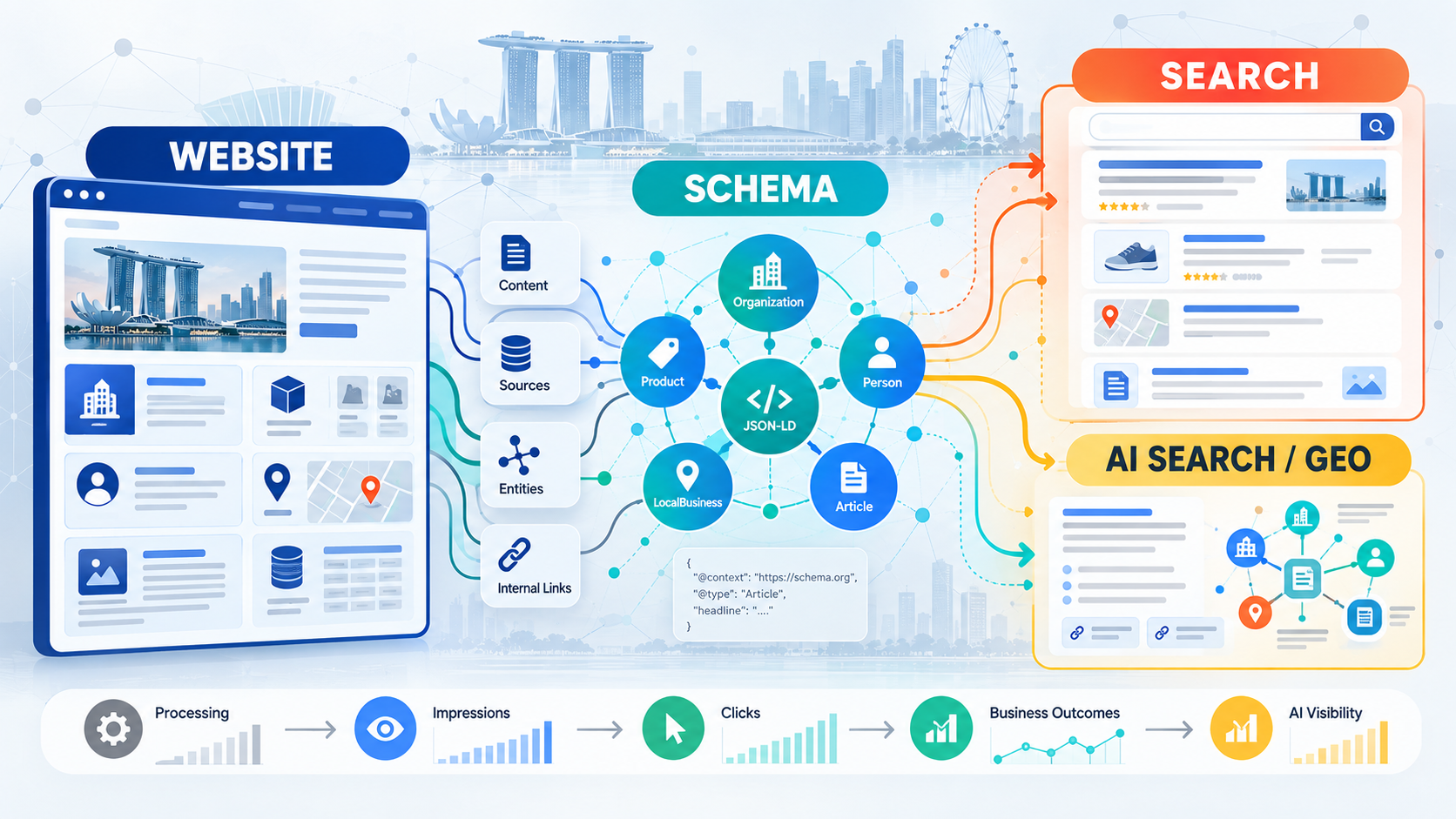 Schema Markup in Singapore: The Complete Structured Data Guide 2 Schema markup connecting website content to Google Search and AI search visibility