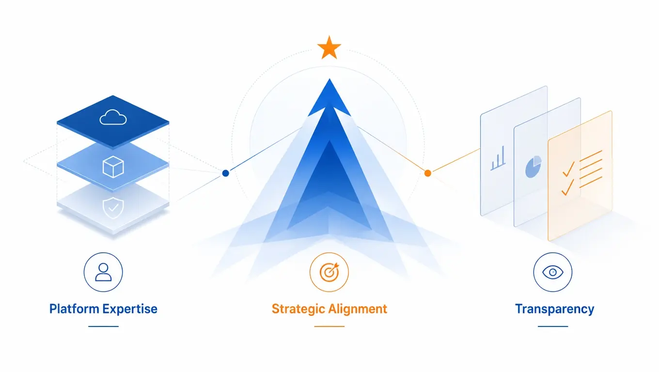 Geometric shapes illustrating platform expertise, strategic alignment, and transparency in Singapore's digital marketing agency landscape