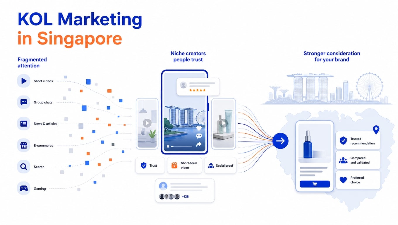 10 Best KOL Marketing Agencies in Singapore for 2026 1 Minimalist KOL marketing in Singapore graphic showing creators, short-form video and brand trust signals