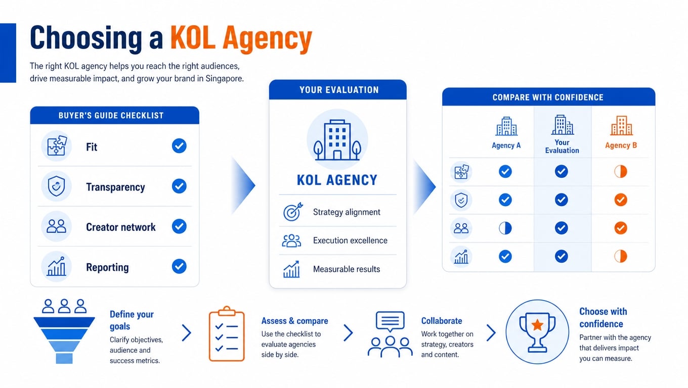 10 Best KOL Marketing Agencies in Singapore for 2026 12 Minimalist buyer’s guide graphic for choosing a KOL agency, with checklist panels and comparison cues