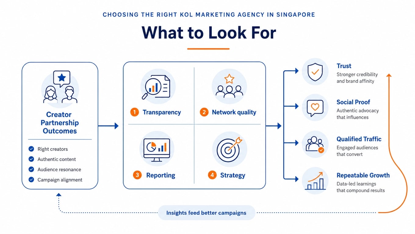 10 Best KOL Marketing Agencies in Singapore for 2026 13 Professional KOL marketing agency in Singapore infographic showing transparency, reporting and growth outcomes