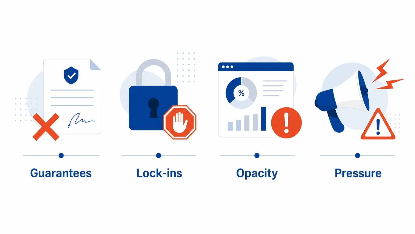 Warning symbols highlighting guarantees, contract lock-ins, opacity, and pressure tactics when hiring a digital marketing agency