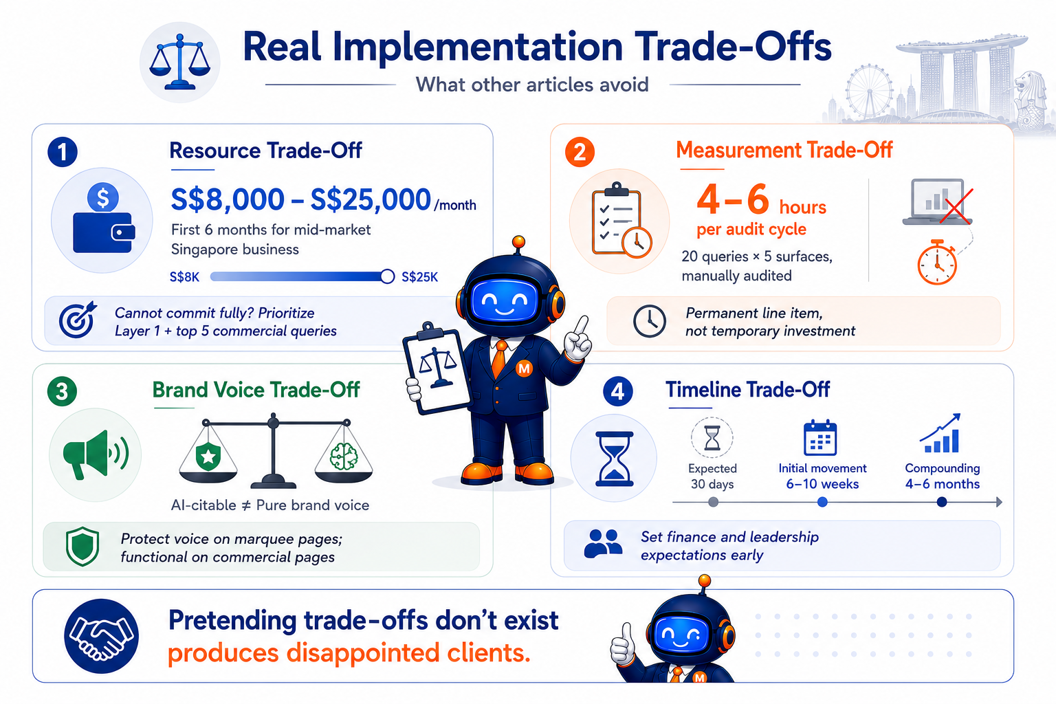 AI search visibility honest trade-offs framework showing four implementation realities