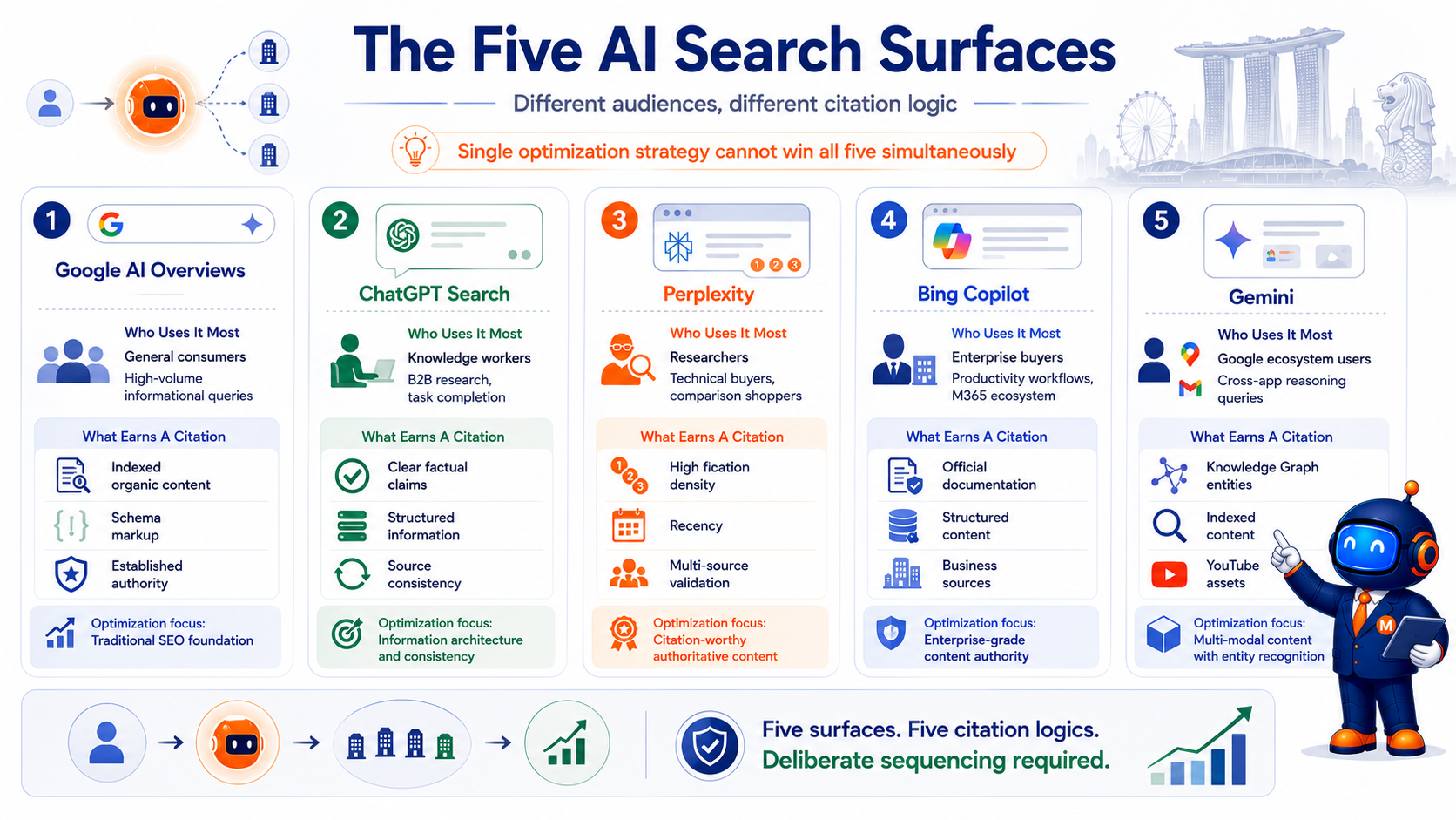AI search surface comparison showing five distinct platforms with different user audiences