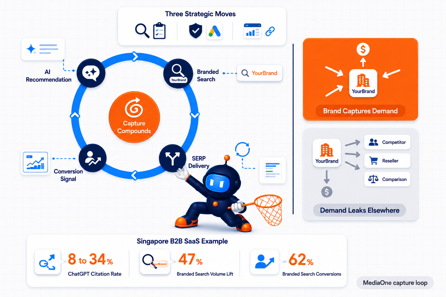 Branded Search Optimisation Singapore: The 2026 Strategy For Brands Earning AI Recommendations 2 MediaOne Branded Search Capture Loop showing four phase cycle of AI recommendation and branded search