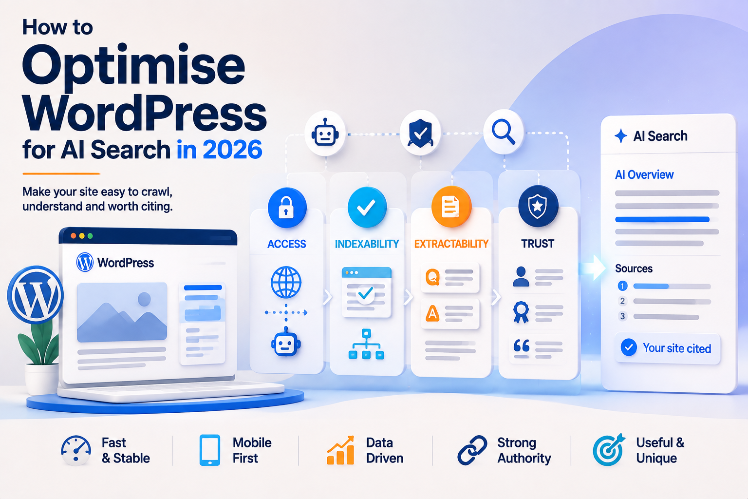 How to Optimise WordPress for AI Search in 2027: What Actually Matters 1 Optimise WordPress for AI search visual showing access, indexability, extractability and trust factors that improve AI search visibility