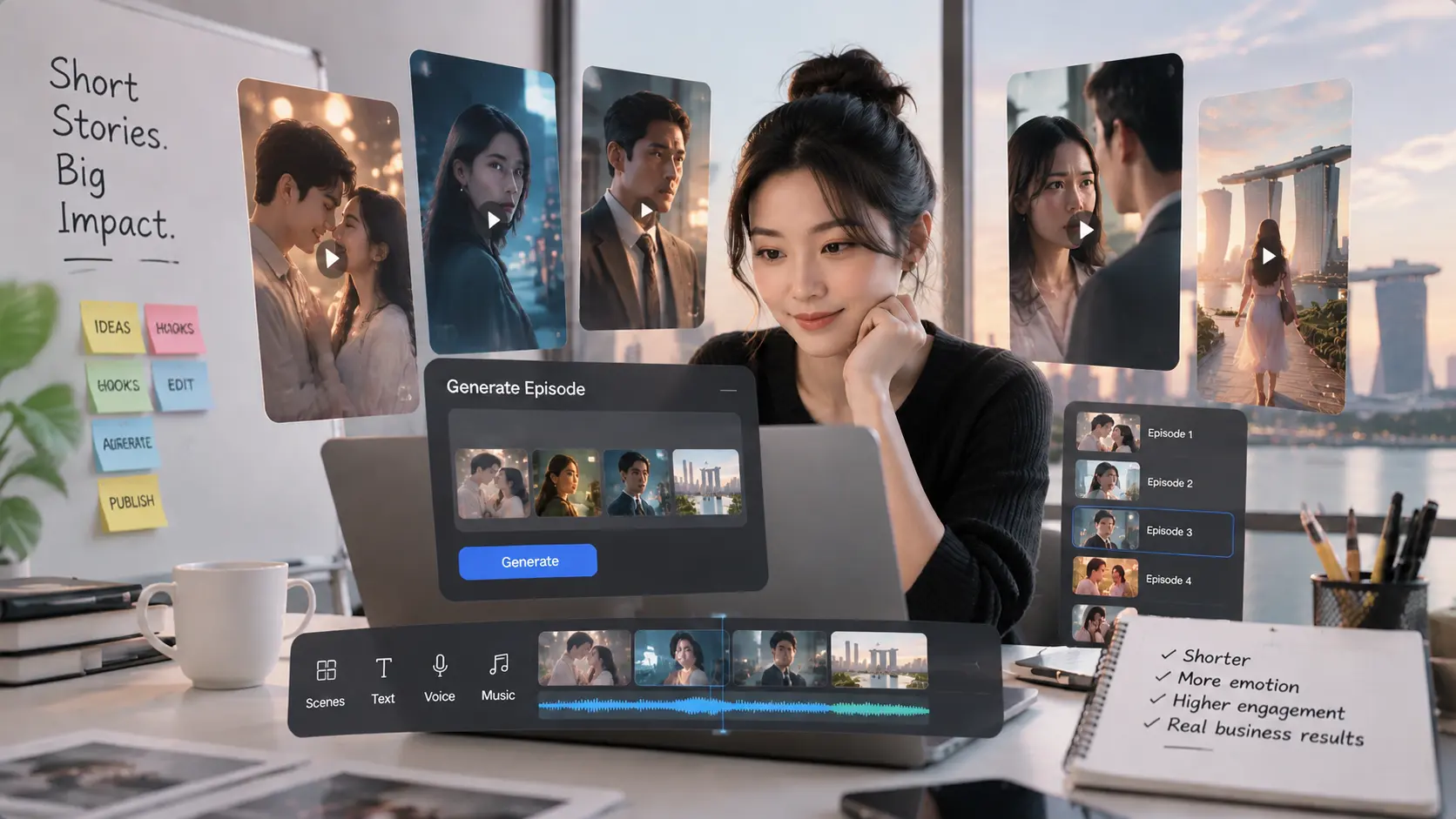 A marketing professional generates AI microdrama episoding content.