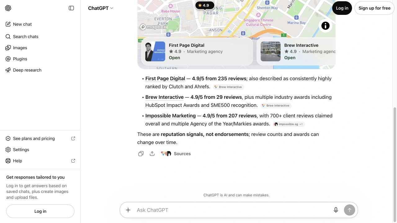 Do Google Reviews Affect SEO and AI Mentions? Local Rankings vs AI Recommendations 4 ChatGPT response listing Singapore digital marketing agencies and referencing public reputation sources