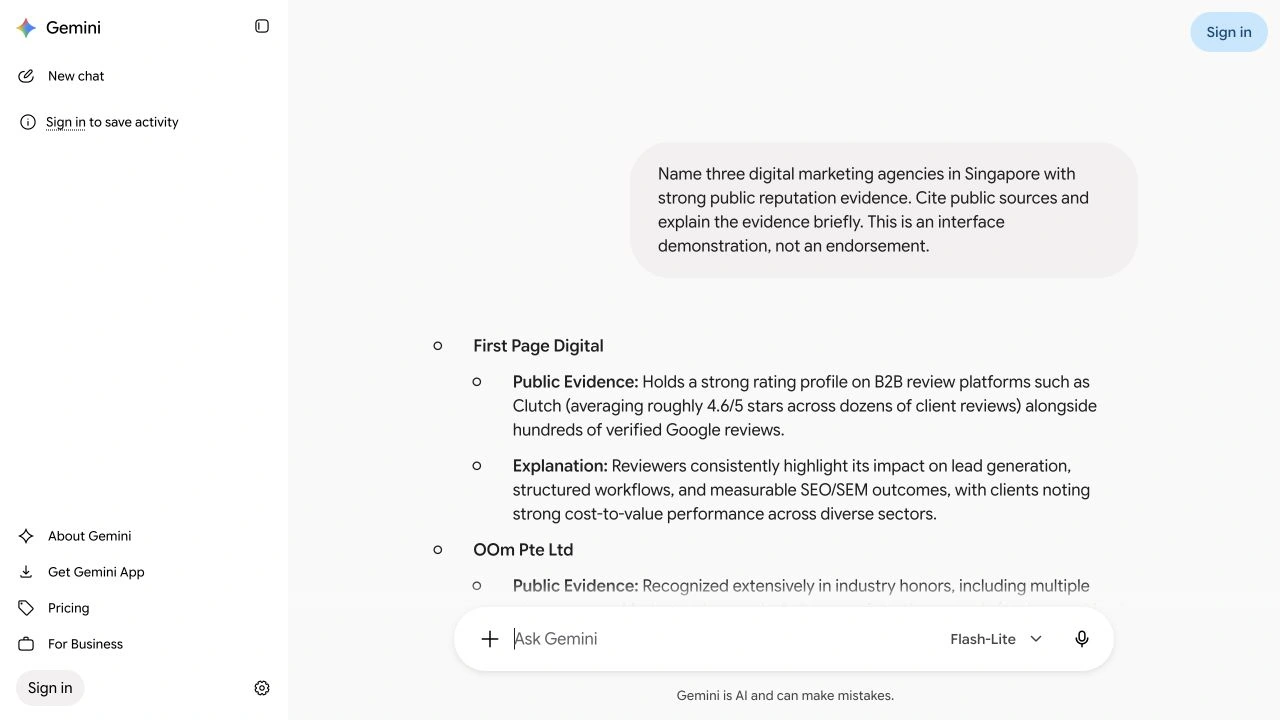 Do Google Reviews Affect SEO and AI Mentions? Local Rankings vs AI Recommendations 5 Gemini response summarising public reputation evidence for Singapore digital marketing agencies