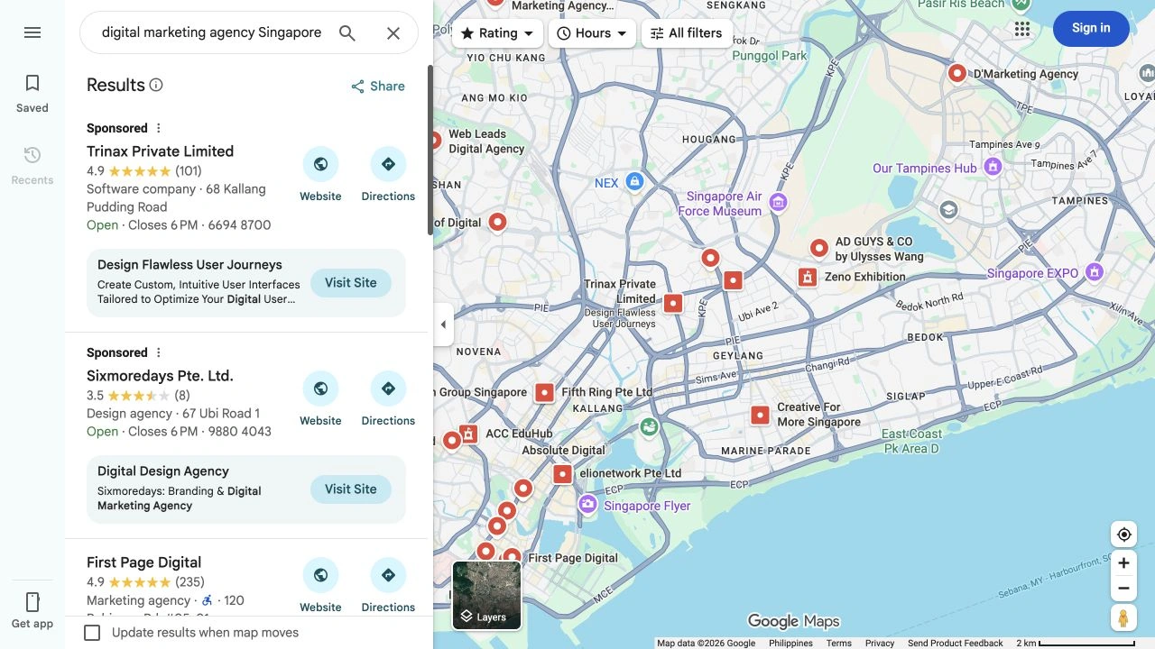 Do Google Reviews Affect SEO and AI Mentions? Local Rankings vs AI Recommendations 2 Google Maps search results for digital marketing agencies in Singapore showing public ratings, reviews, sponsored listings and map locations