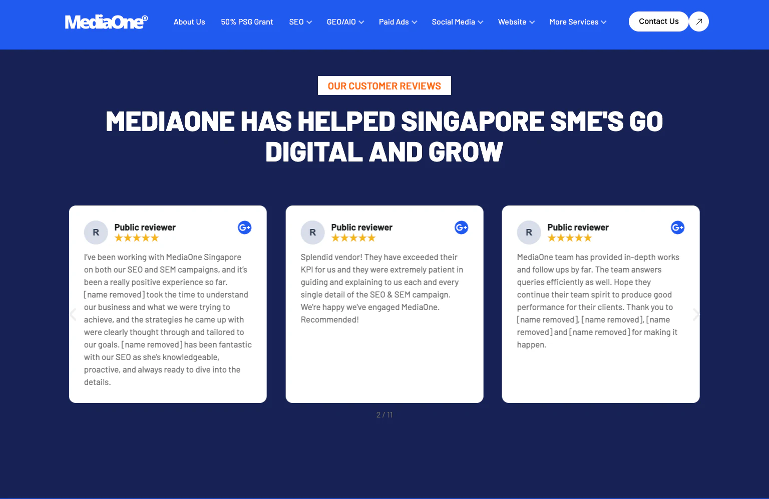 Online Reputation in 2026: Where Customer Reviews Actually Build Trust 2 MediaOne service page showing three anonymized public customer review cards beneath its customer reviews heading