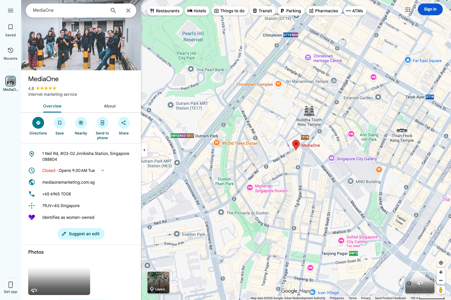 Online Reputation in 2026: Where Customer Reviews Actually Build Trust 5 Google Maps business profile for MediaOne showing its public rating, Singapore address, hours, website, phone number and map location