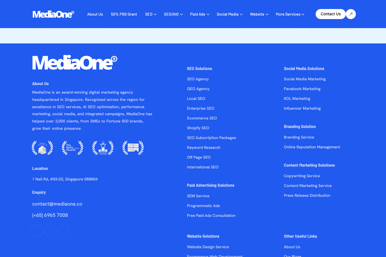 Online Reputation in 2026: Where Customer Reviews Actually Build Trust 9 MediaOne website footer showing the company’s public Singapore address, enquiry details and digital marketing service links