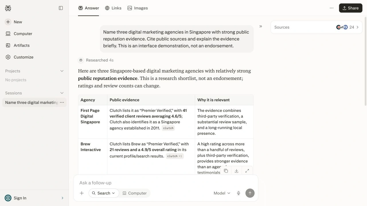 Do Google Reviews Affect SEO and AI Mentions? Local Rankings vs AI Recommendations 7 Perplexity answer comparing Singapore digital marketing agencies using cited public evidence and a visible sources panel