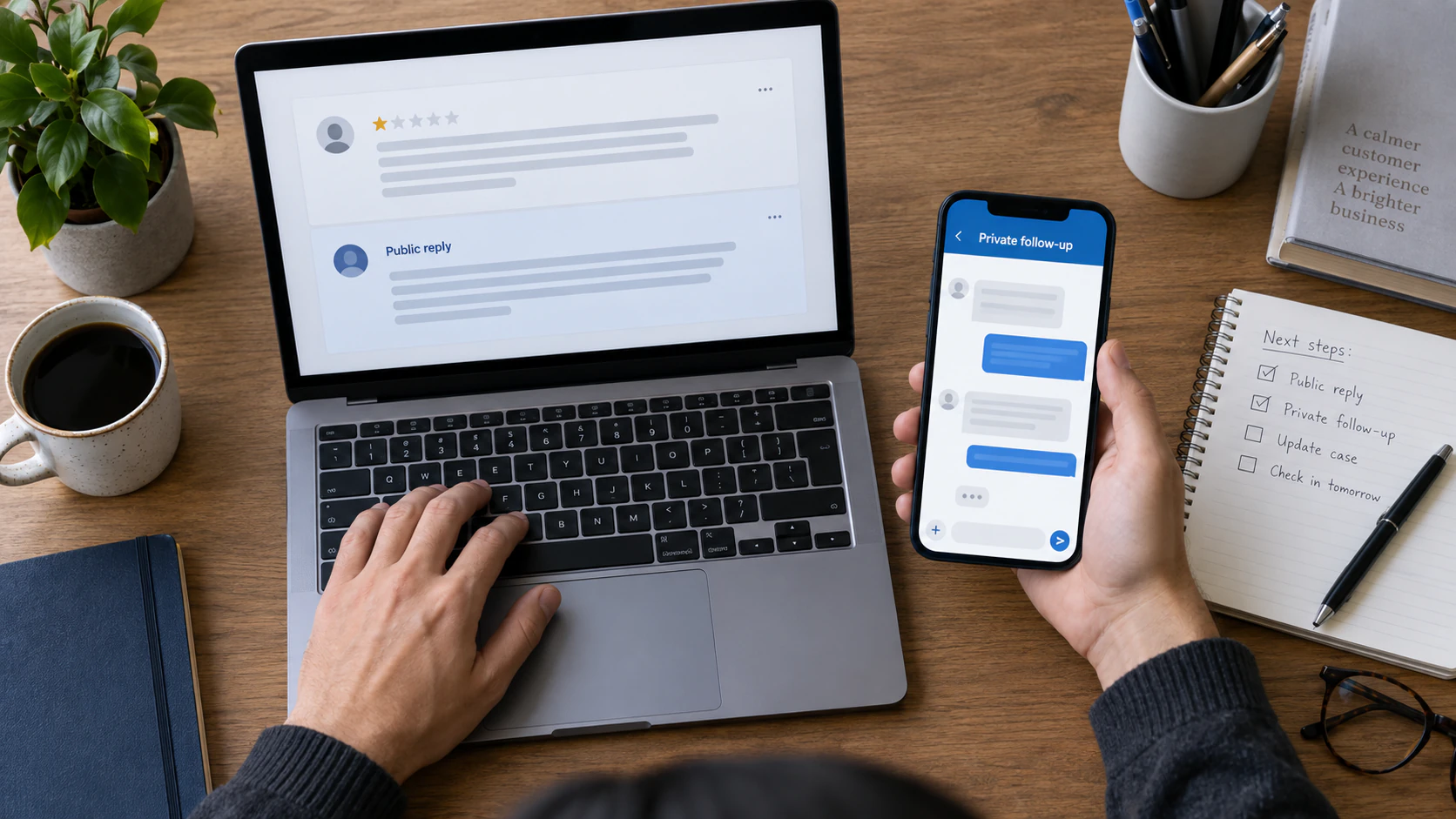 Negative Reviews in 2026: When to Reply, Resolve, Report or Escalate 5 Support manager posting a public review reply while continuing the resolution privately