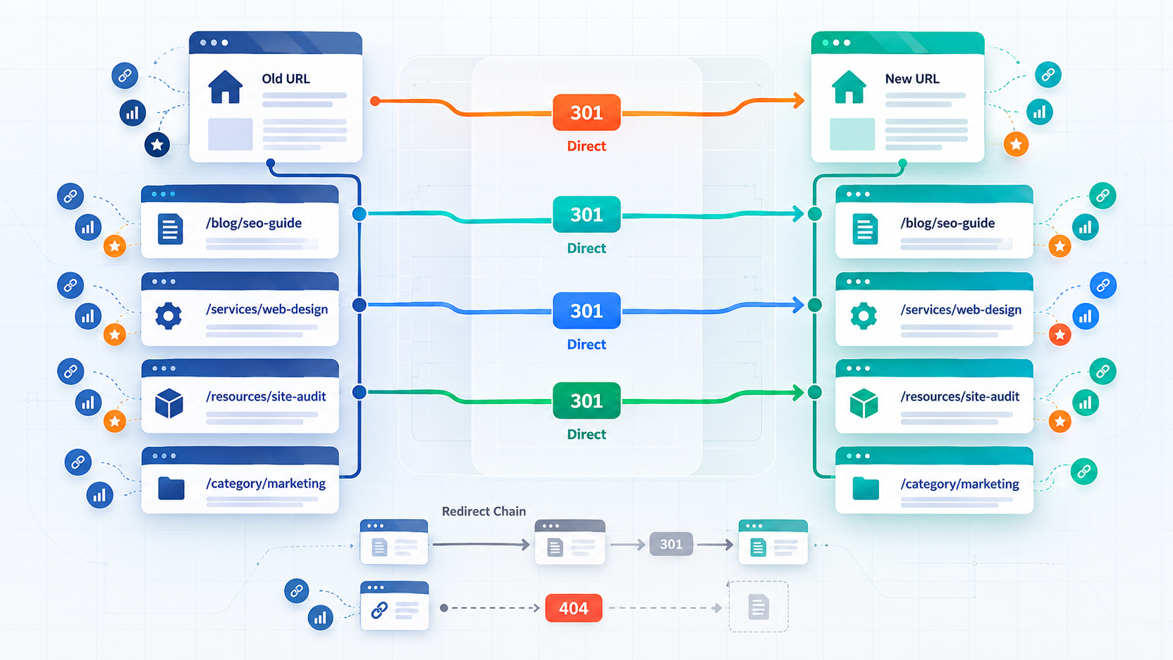 Website Relaunch SEO: Protecting Rankings During a Site Redesign or Migration 2 Website relaunch SEO using direct 301 redirects for URL migration