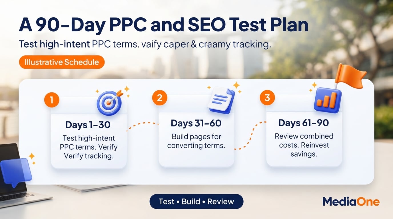 PPC vs SEO: Which Should Your Singapore Business Choose in 2026? 3 Illustrative 90-day plan using PPC data to decide which SEO pages to build