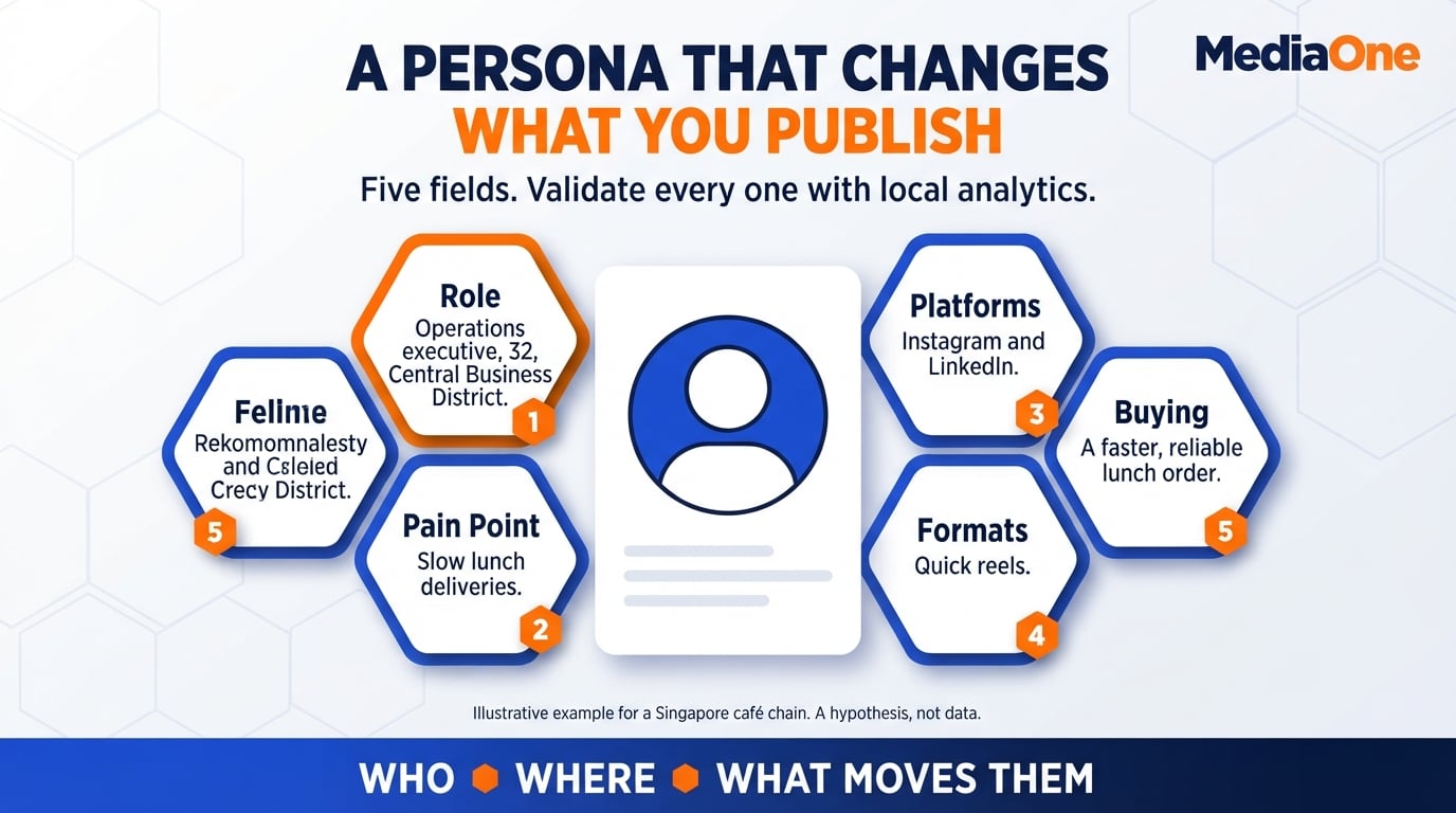 Social Media Marketing Strategy: A Practical Framework for Singapore Businesses in 2026 1 Example persona card for a social media marketing strategy, with role, pain point, platforms, formats and buying trigger