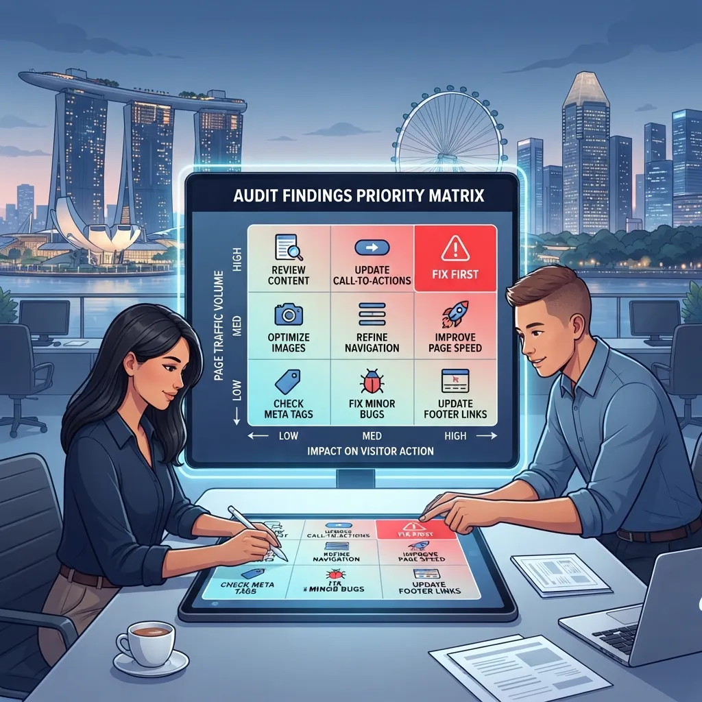 SEO Techniques for Singapore Businesses 2 A three-column priority matrix plotting audit findings on axes of page traffic and impact on visitor action, with the high-traffic, high-impact quadrant