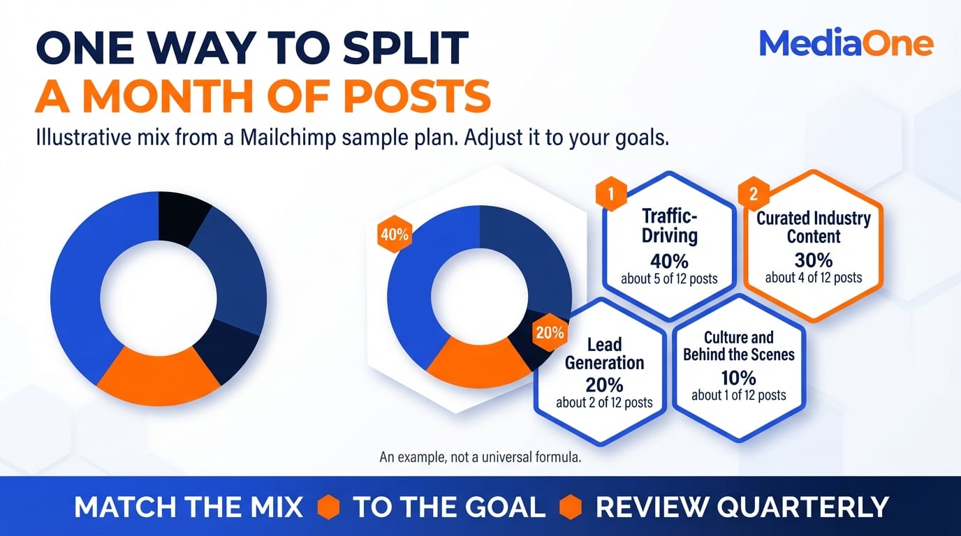 Social Media Marketing Strategy: A Practical Framework for Singapore Businesses in 2026 3 Illustrative 40/30/20/10 content mix for a social media marketing strategy, worked out for 12 posts a month