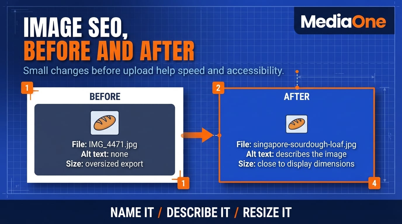 Wix SEO in 2026: What Works for Singapore Businesses 3 Before and after image optimisation for Wix SEO, from IMG_4471.jpg to a descriptive file name and alt text