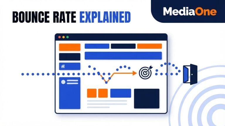 Bounce rate hero showing website visitors leaving through an exit door while others stay to engage