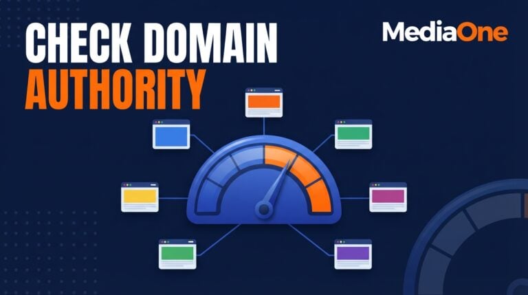 Alt: Check domain authority hero showing a score gauge linked to a network of referring websites