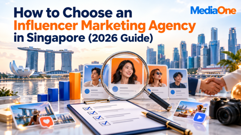 Influencer marketing agencies in Singapore, featuring creator profiles, campaign analytics and selection tools against the city skyline.