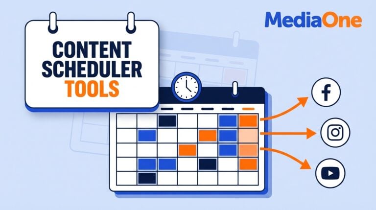 Content scheduler tools hero showing a weekly calendar sending posts to three social channels