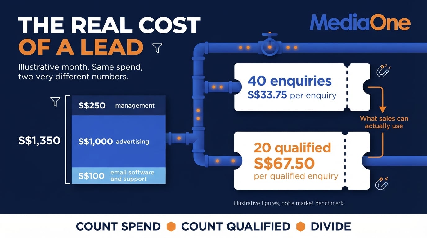 Digital Marketing Leads: How Singapore Businesses Generate, Qualify and Convert Enquiries 4 Illustrative calculation comparing cost per enquiry with cost per qualified enquiry for digital marketing leads