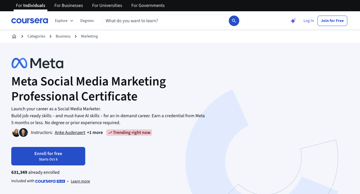 Social Media Marketing Courses in Singapore: A Practical Guide for 2026 9 Coursera, Meta Social Media Marketing Professional Certificate