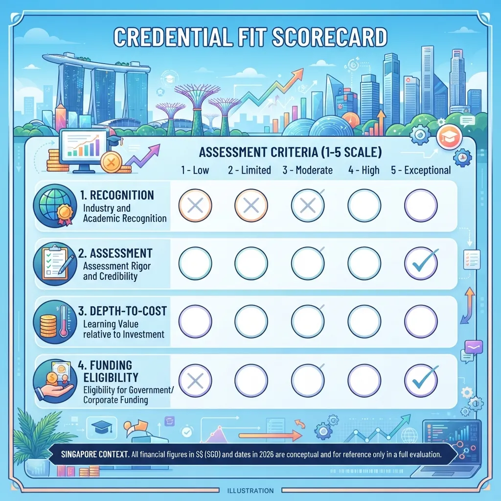 Top Digital Marketing Certifications Singaporeans Should Take in 2026 3 Credential Fit Scorecard showing four criteria (Recognition, Assessment, Depth-to-Cost, Funding Eligibility)