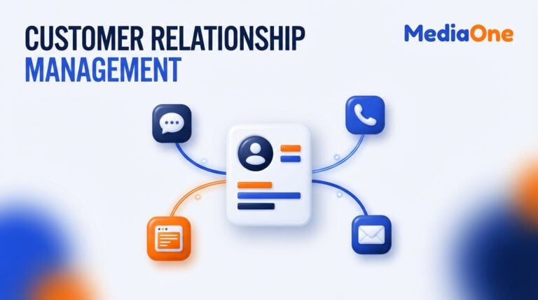 Customer relationship management banner showing chat, phone, email and web enquiries linked to one customer record