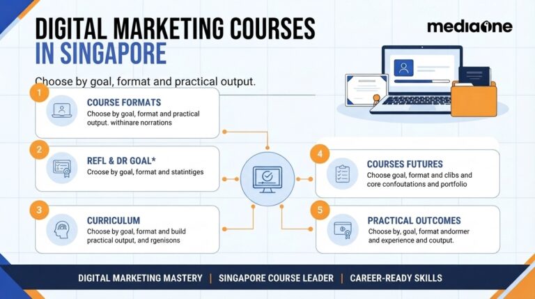 Digital marketing courses in Singapore guide hero showing a laptop, certificate and portfolio
