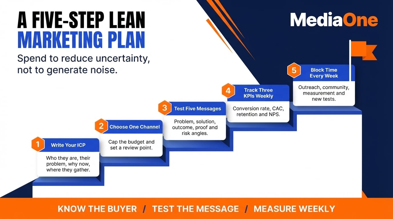 Startup Marketing: Practical Strategies for Early-Stage Growth 3 Five-step lean startup marketing plan from ideal customer profile to weekly time allocation
