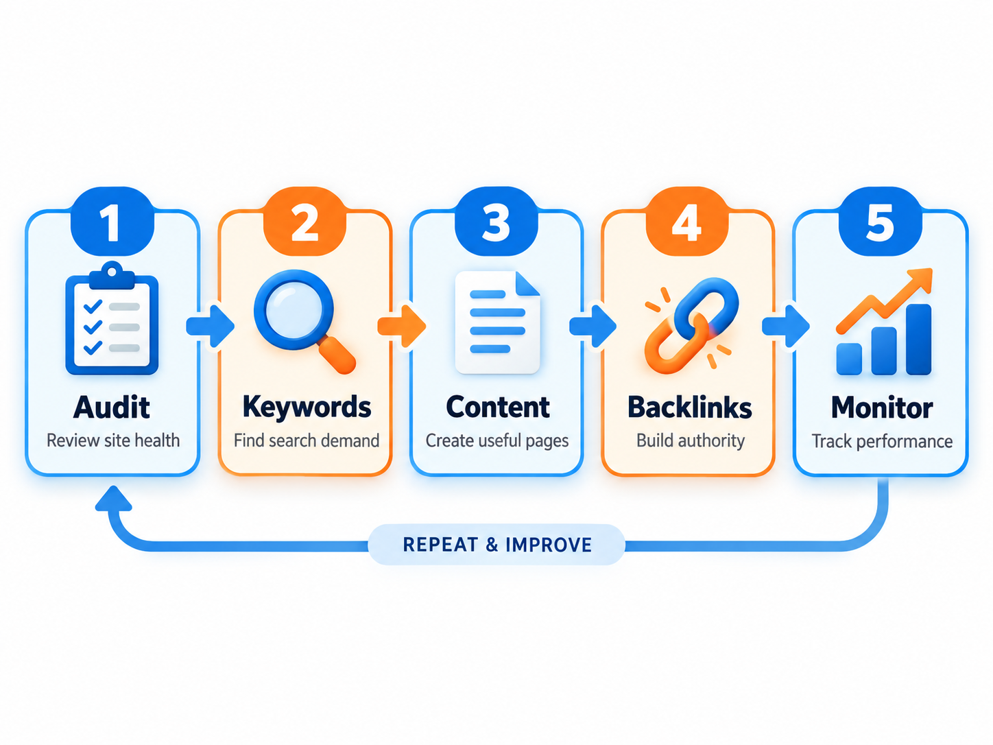 What Is SEO? A Complete Guide to Search Engine Optimisation in 2026 3 Five-Step SEO Process Loop Mediaone Infographic