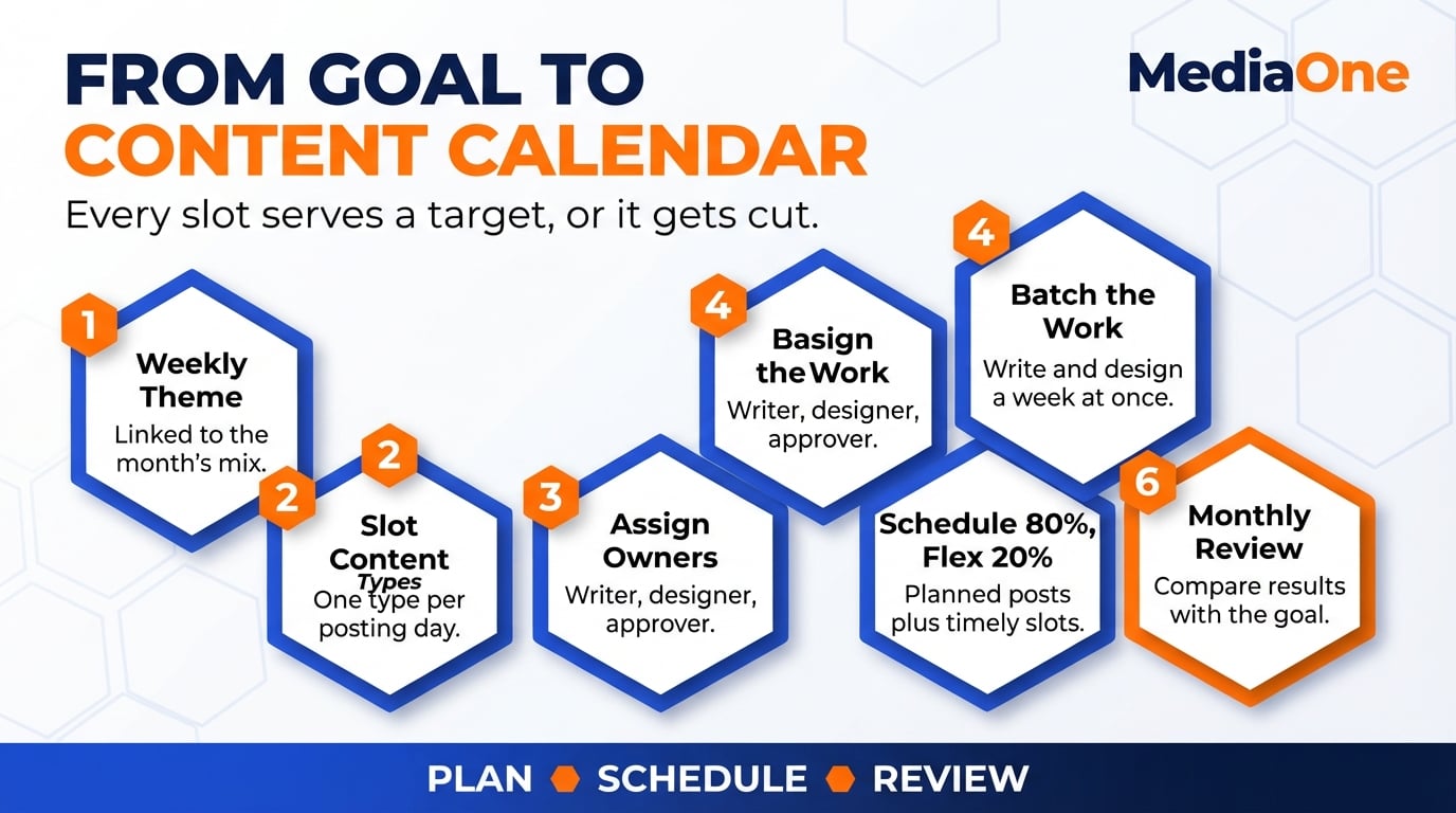 Social Media Marketing Strategy: A Practical Framework for Singapore Businesses in 2026 4 Six-step content calendar workflow turning a social media marketing strategy into scheduled posts