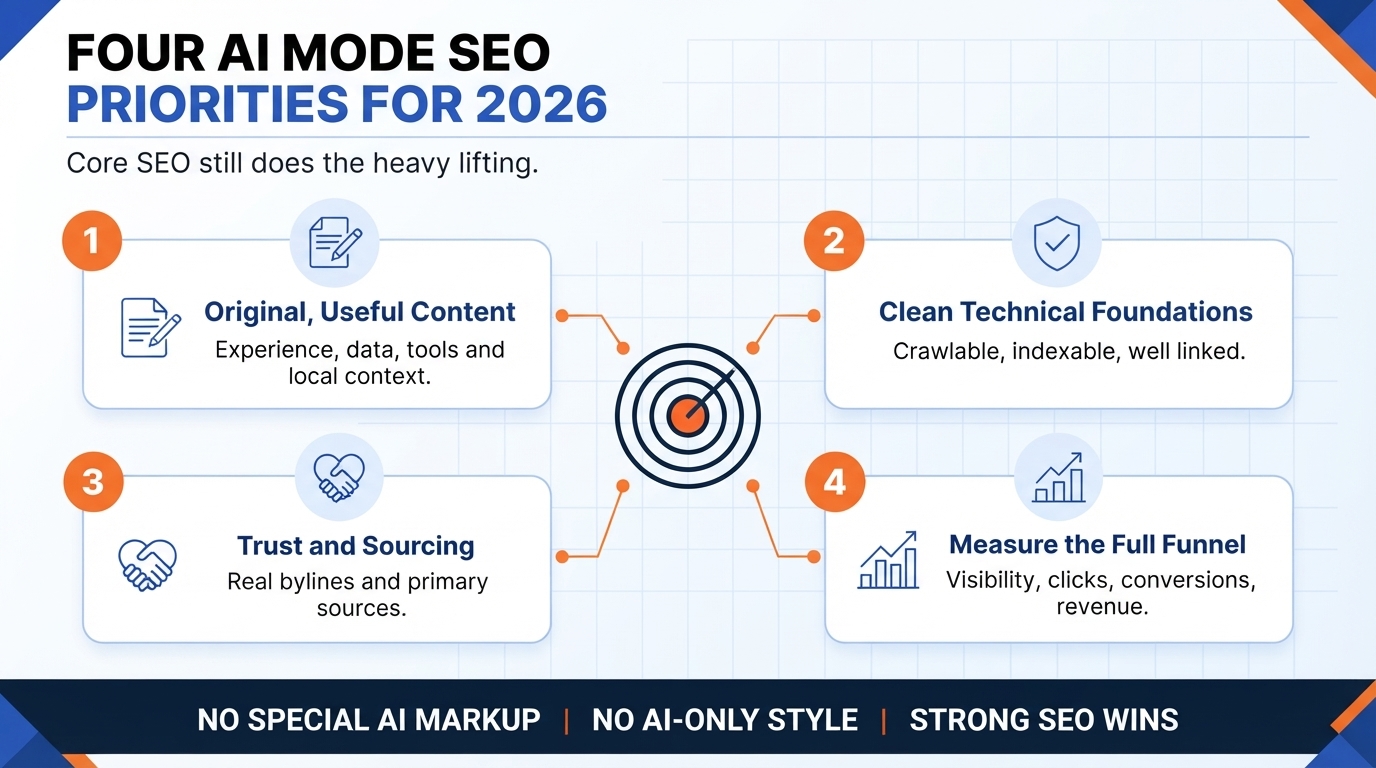 Google AI Mode SEO: How Search Visibility Works in 2026 3 Four Google AI Mode SEO priorities for 2026, from original content to measurement