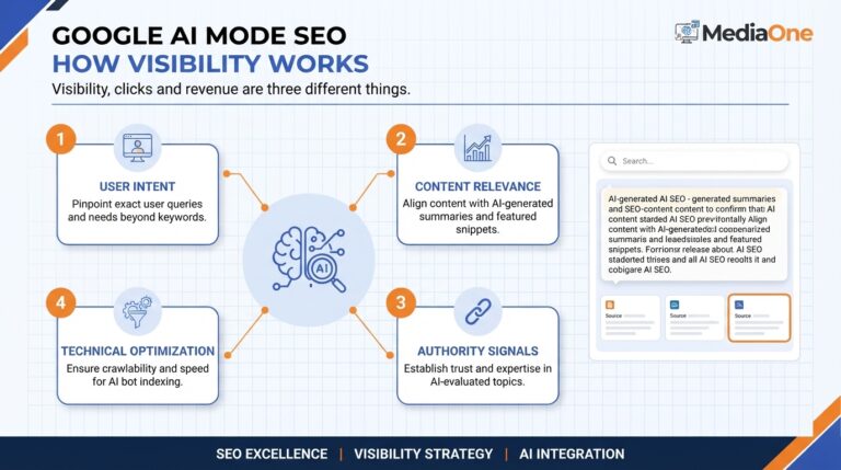 Google AI Mode SEO guide hero showing an AI-generated answer with supporting web links