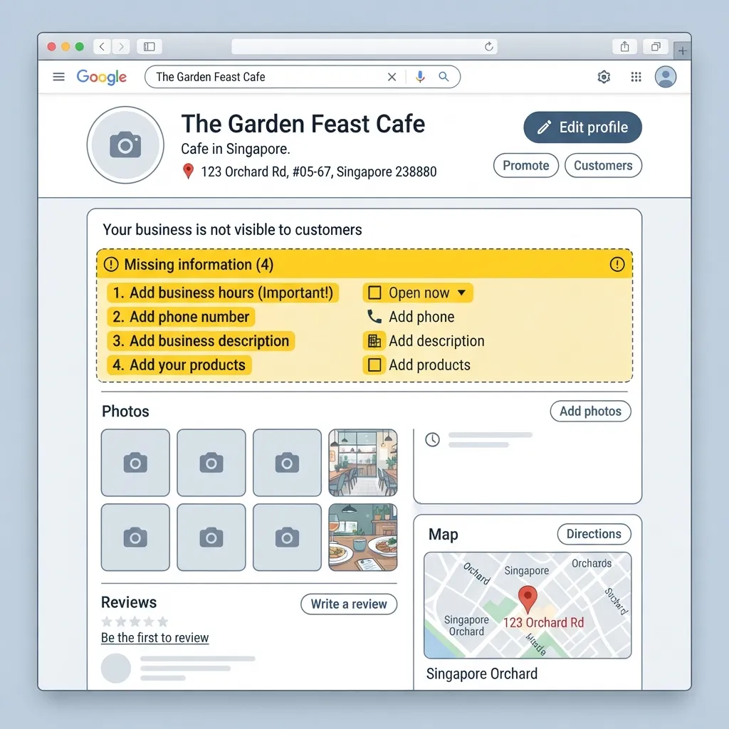 Local SEO Optimisation: A Singapore Business Guide to Showing Up Where Customers Search 1 Google Business Profile listing for a Singapore business showing the business name, category, hours, phone number, photos and reviews panel