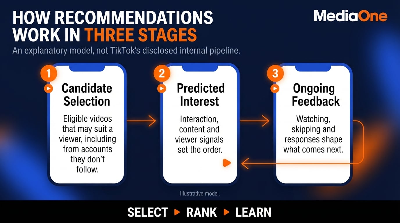 TikTok Algorithm in 2026: What Drives Reach and Limits Visibility 1 Illustrative three-stage model of the TikTok algorithm: candidate selection, predicted interest and ongoing feedback