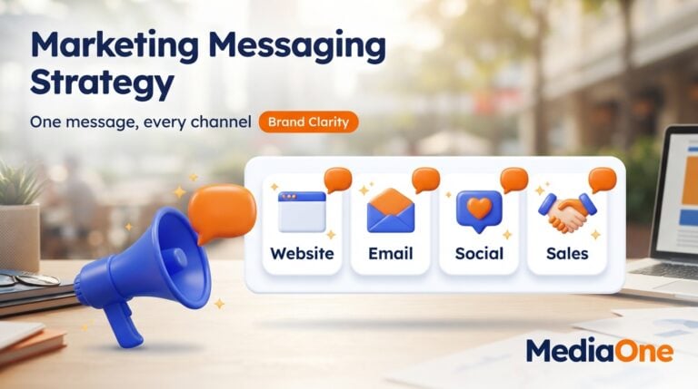 Marketing messaging strategy banner showing one message sent from a megaphone to website, email, social and sales channels